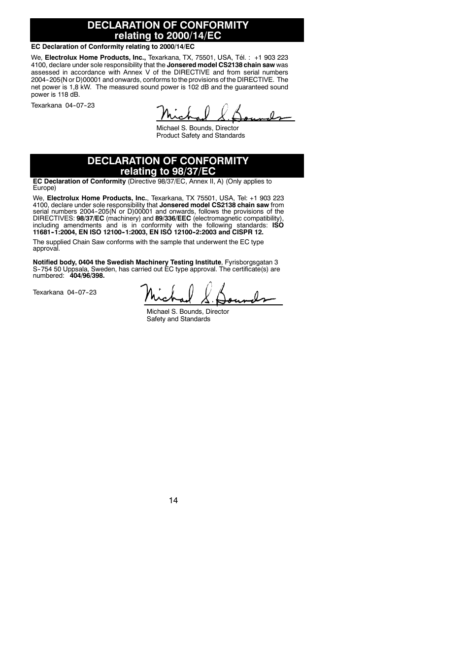 Declaration of conformity relating to 2000/14/ec, Declaration of conformity relating to 98/37/ec | Jonsered CS 2138 User Manual | Page 14 / 15