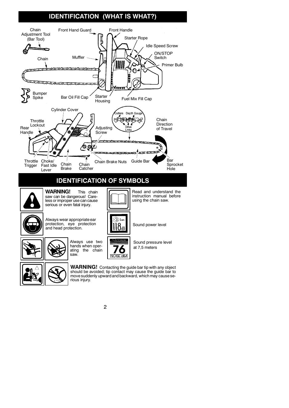 Identification (what is what?), Identification of symbols, Warning | Jonsered CS 2138 User Manual | Page 2 / 15