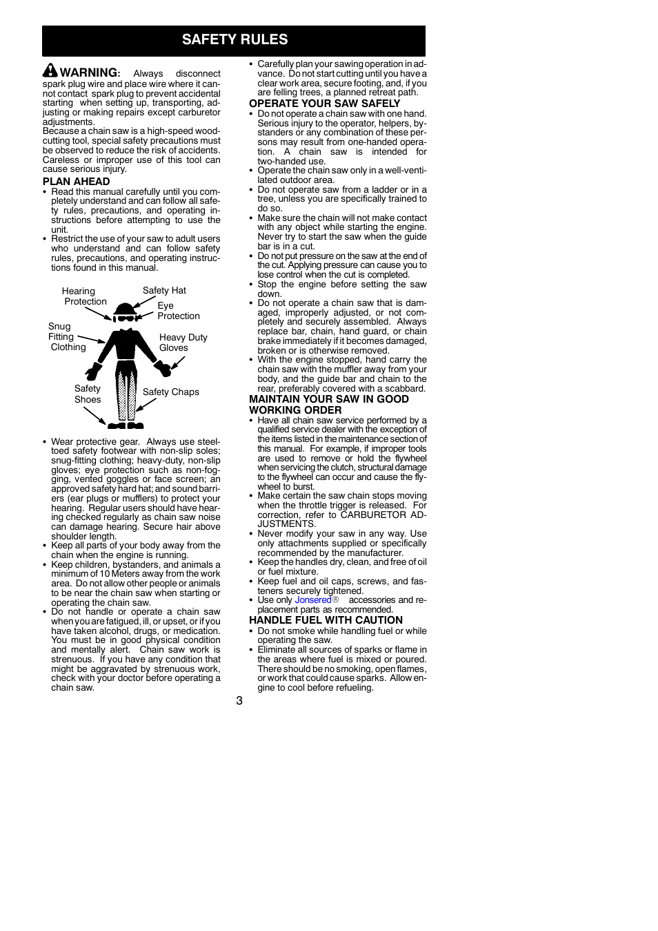 Safety rules, Warning | Jonsered CS 2138 User Manual | Page 3 / 15