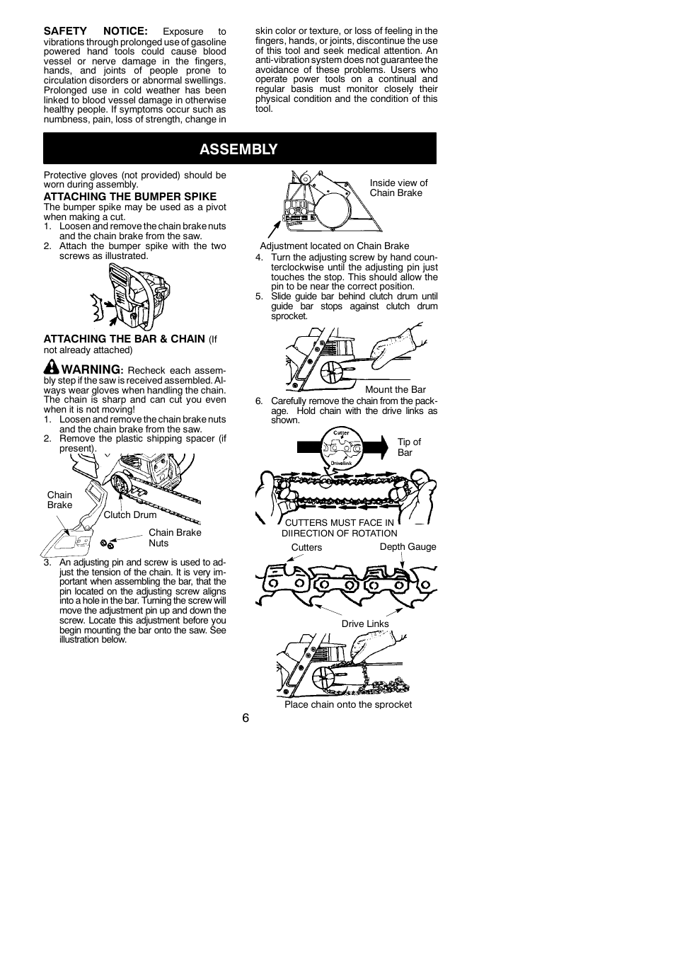 Assembly, Warning | Jonsered CS 2138 User Manual | Page 6 / 15