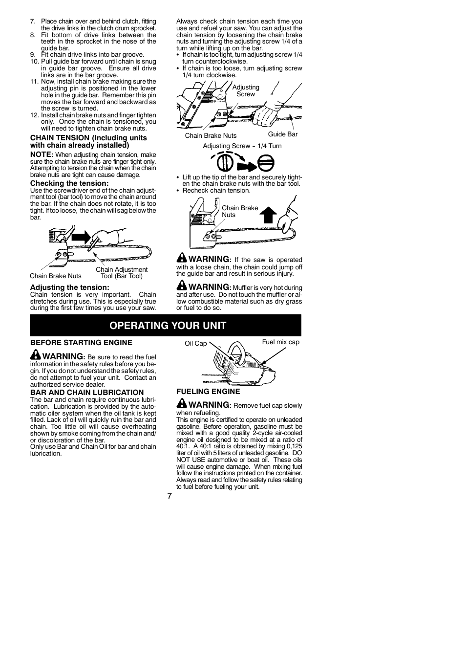 Operating your unit, Warning | Jonsered CS 2138 User Manual | Page 7 / 15