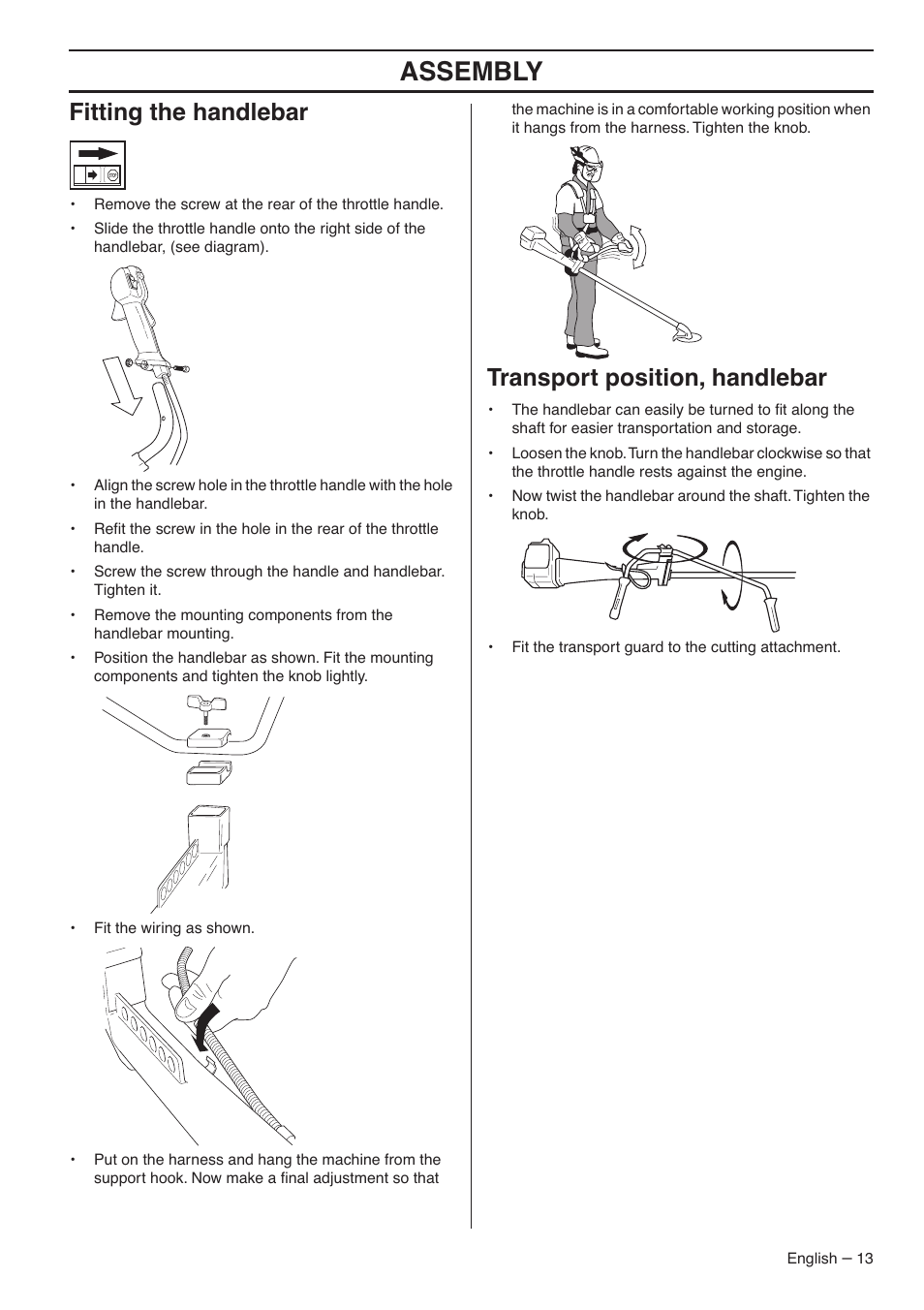 Fitting the handlebar, Transport position, handlebar, Assembly | Jonsered CC2036 User Manual | Page 13 / 44