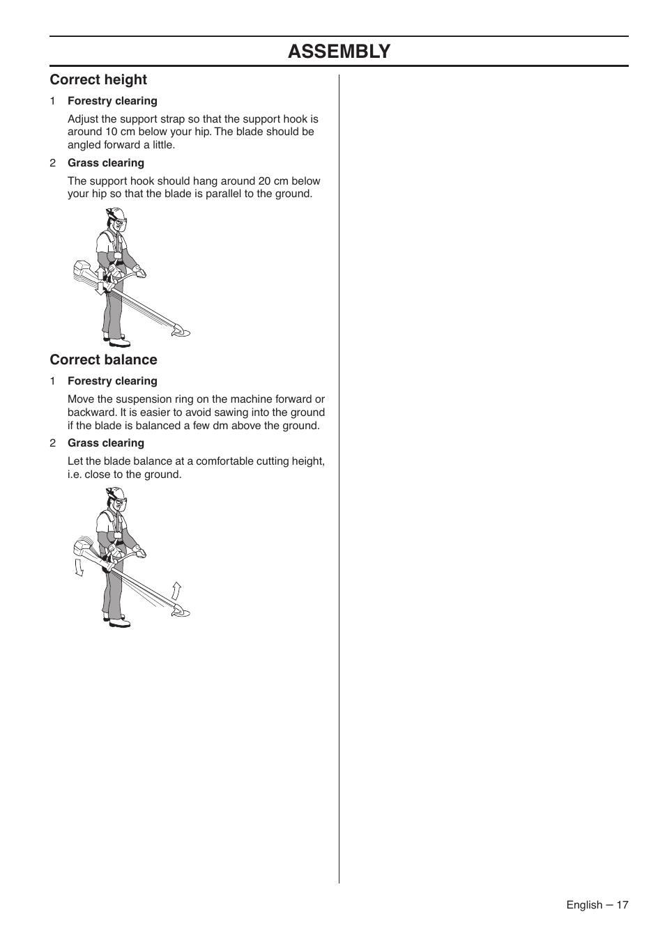 Correct height, Correct balance, Assembly | Jonsered CC2036 User Manual | Page 17 / 44