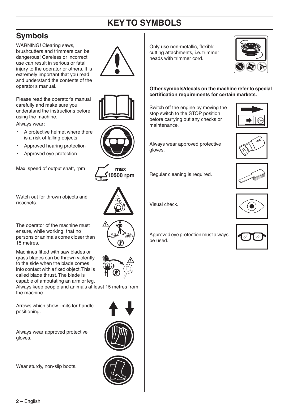 Symbols, Key t o symbols | Jonsered CC2036 User Manual | Page 2 / 44