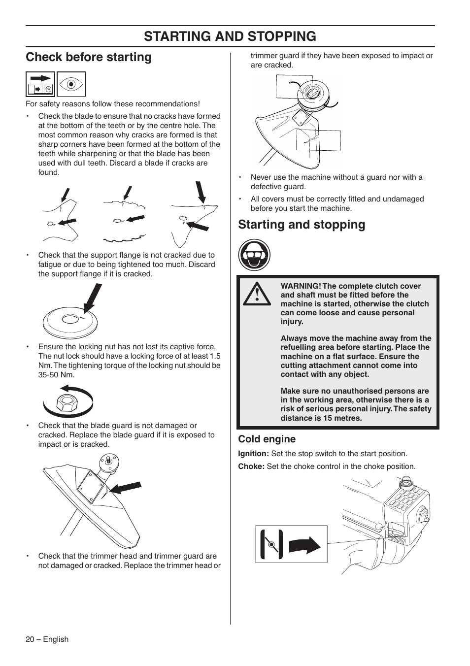 Check before starting, Starting and stopping, Cold engine | Jonsered CC2036 User Manual | Page 20 / 44