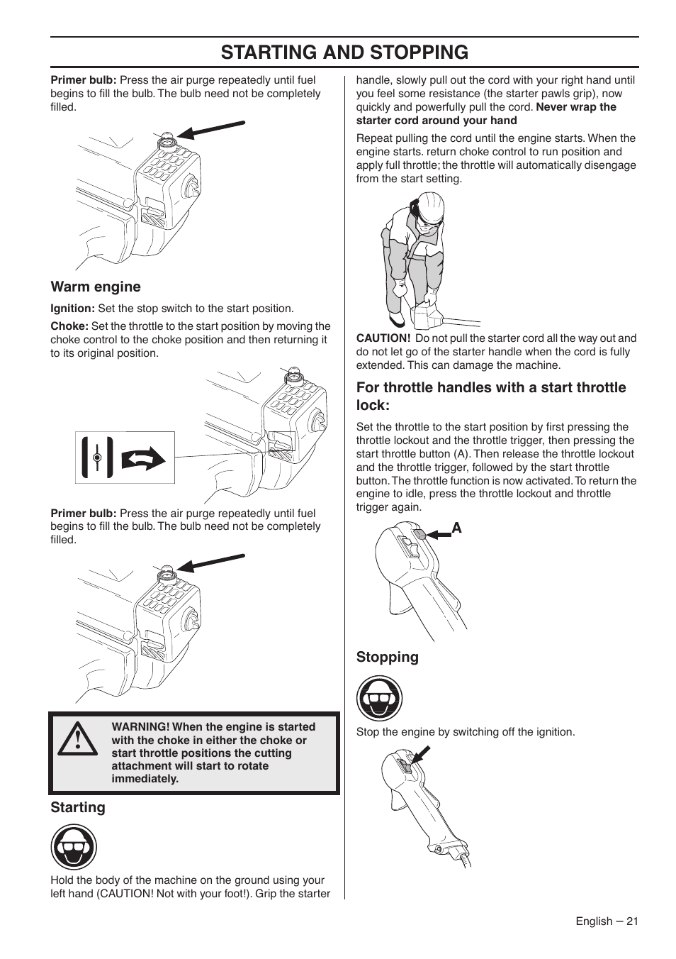 Warm engine, Starting, For throttle handles with a start throttle lock | Stopping, Starting and stopping | Jonsered CC2036 User Manual | Page 21 / 44