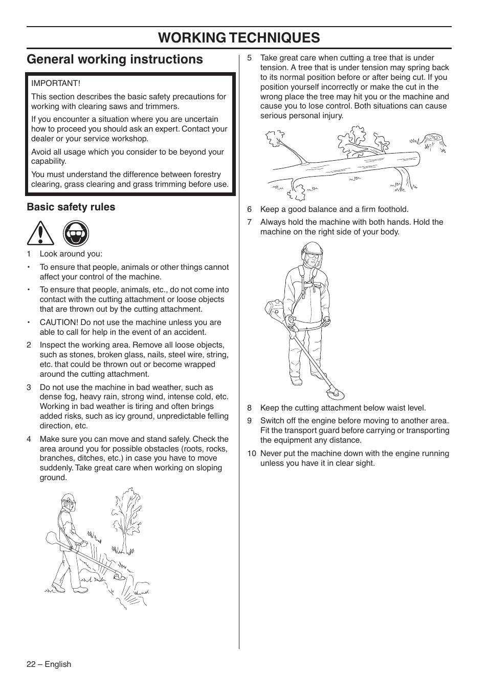 General working instructions, Basic safety rules, Working techniques | Jonsered CC2036 User Manual | Page 22 / 44