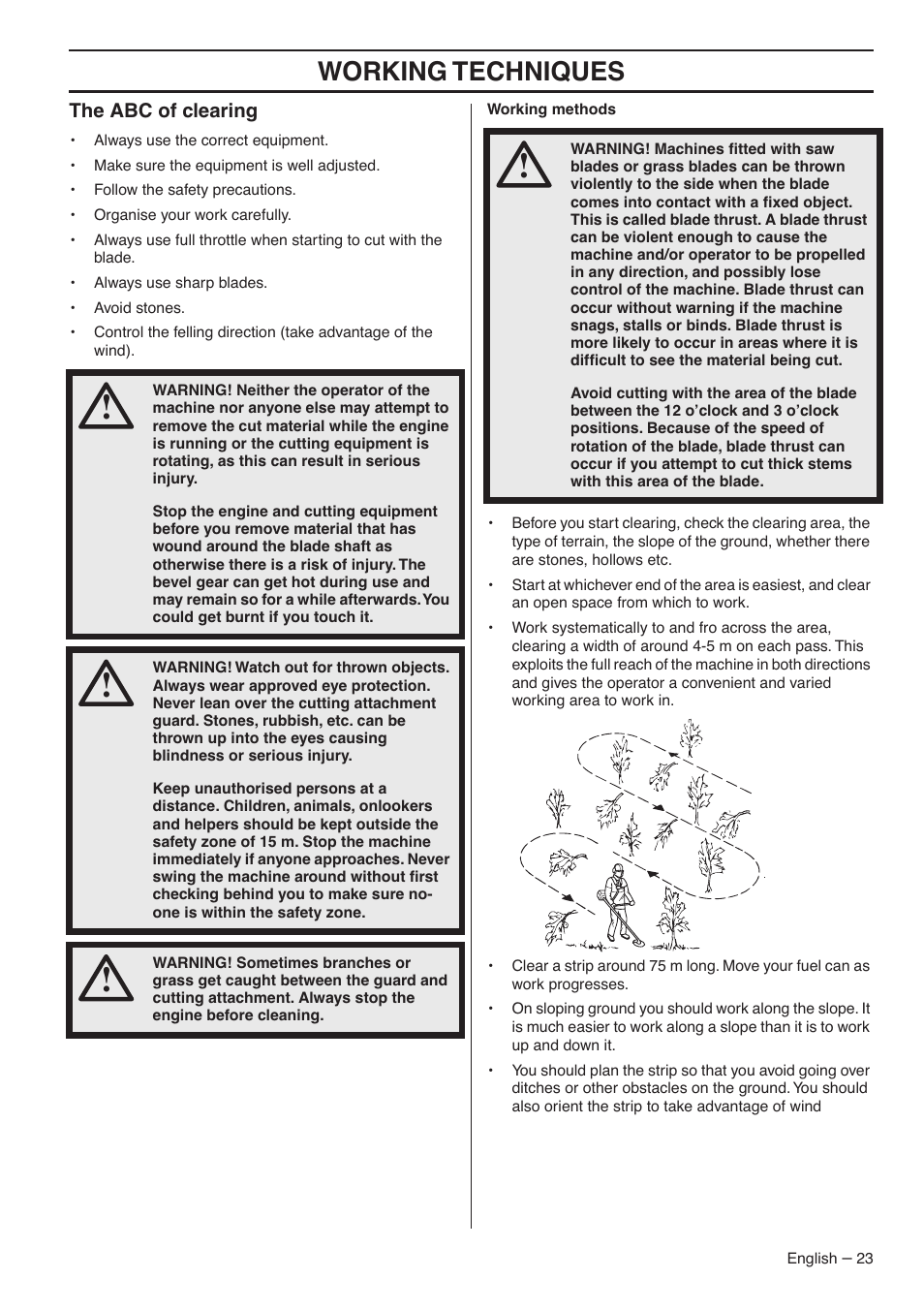 The abc of clearing, Working techniques | Jonsered CC2036 User Manual | Page 23 / 44