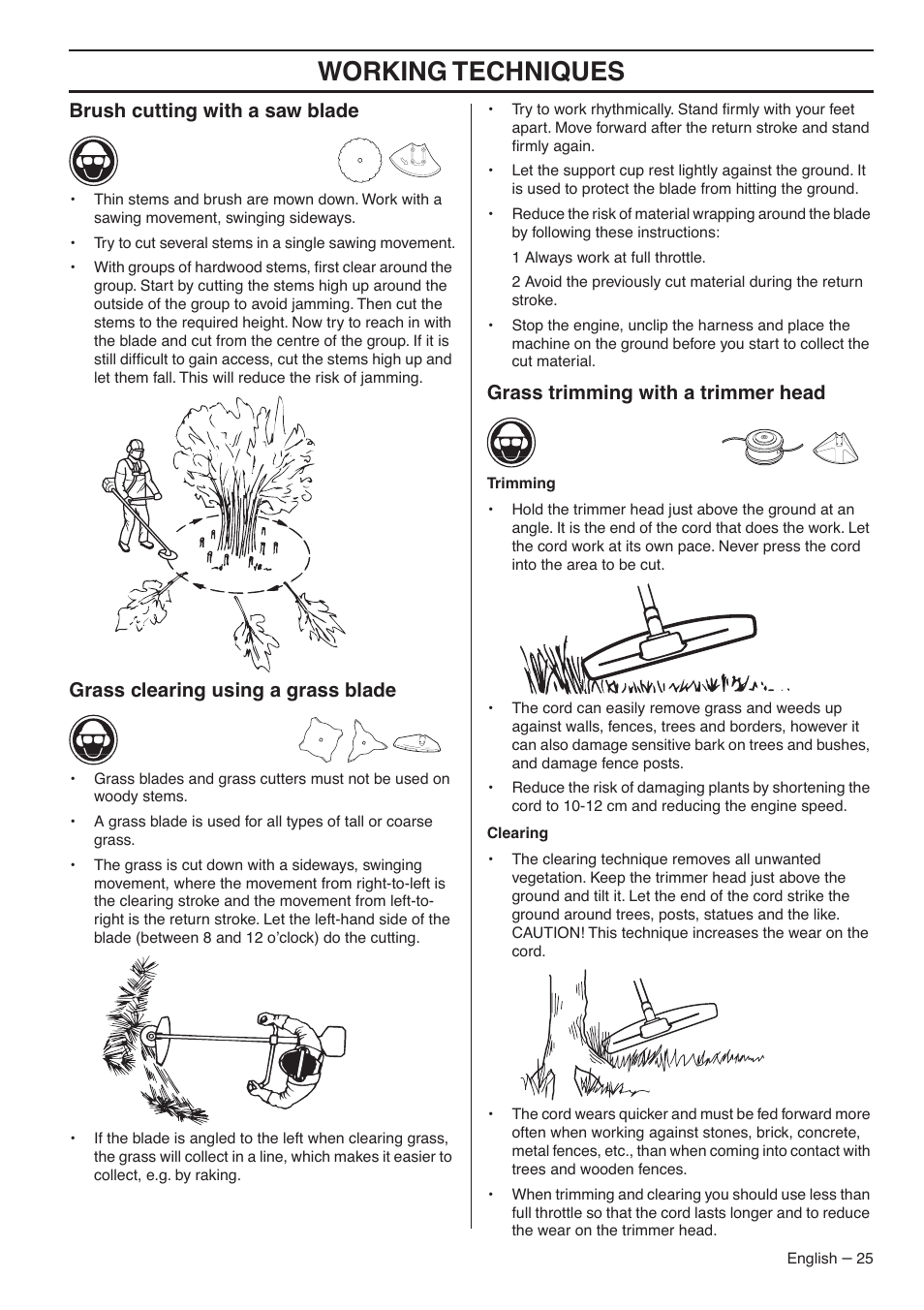 Brush cutting with a saw blade, Grass clearing using a grass blade, Grass trimming with a trimmer head | Working techniques | Jonsered CC2036 User Manual | Page 25 / 44