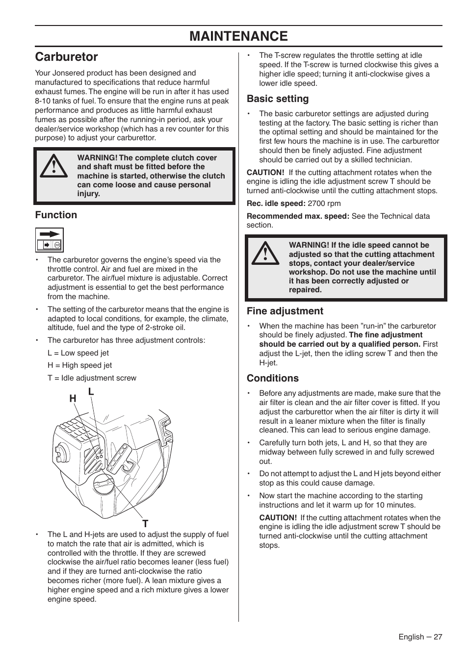 Carburetor, Function, Basic setting | Fine adjustment, Conditions, Maintenance | Jonsered CC2036 User Manual | Page 27 / 44
