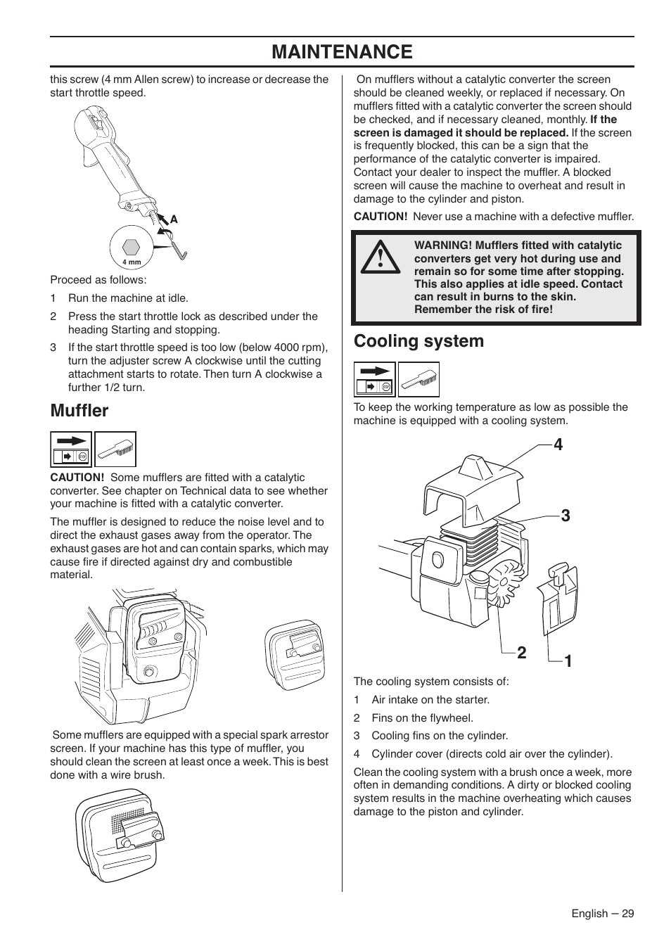Muffler, Cooling system, Maintenance | Mufﬂer | Jonsered CC2036 User Manual | Page 29 / 44