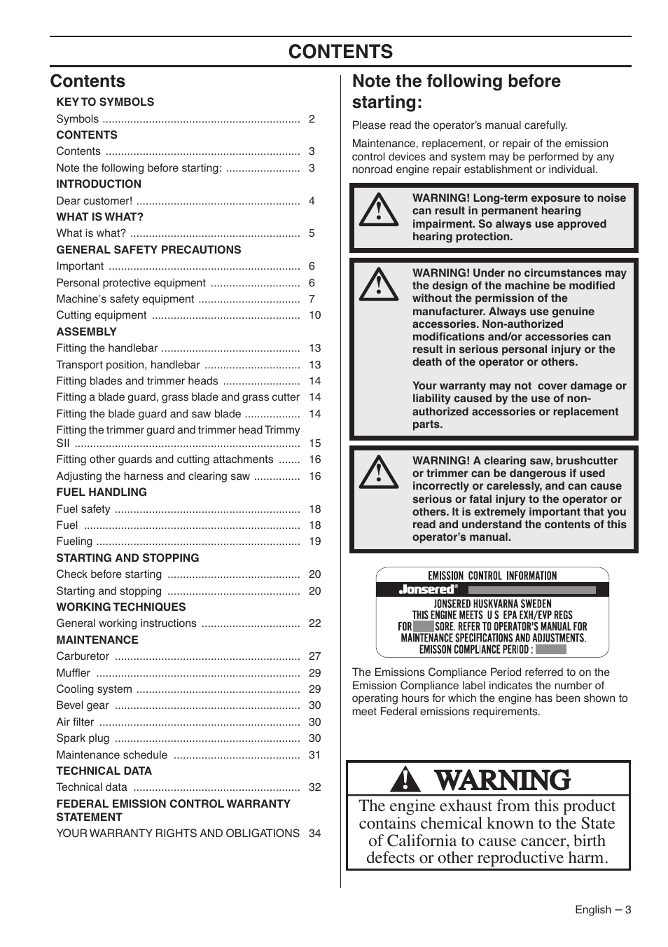 Jonsered CC2036 User Manual | Page 3 / 44