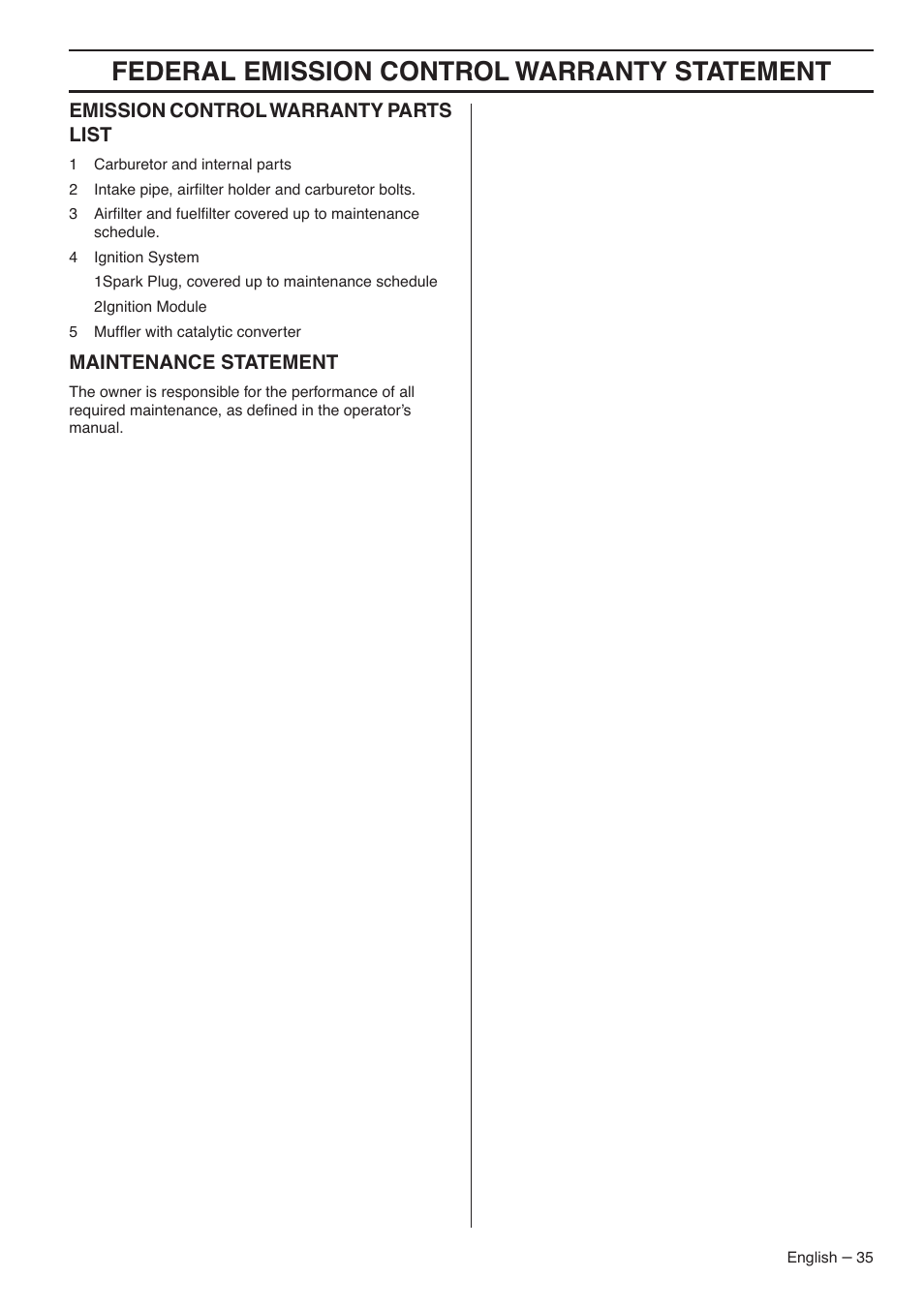 Emission control warranty parts list, Maintenance statement, Federal emission control warranty statement | Jonsered CC2036 User Manual | Page 35 / 44