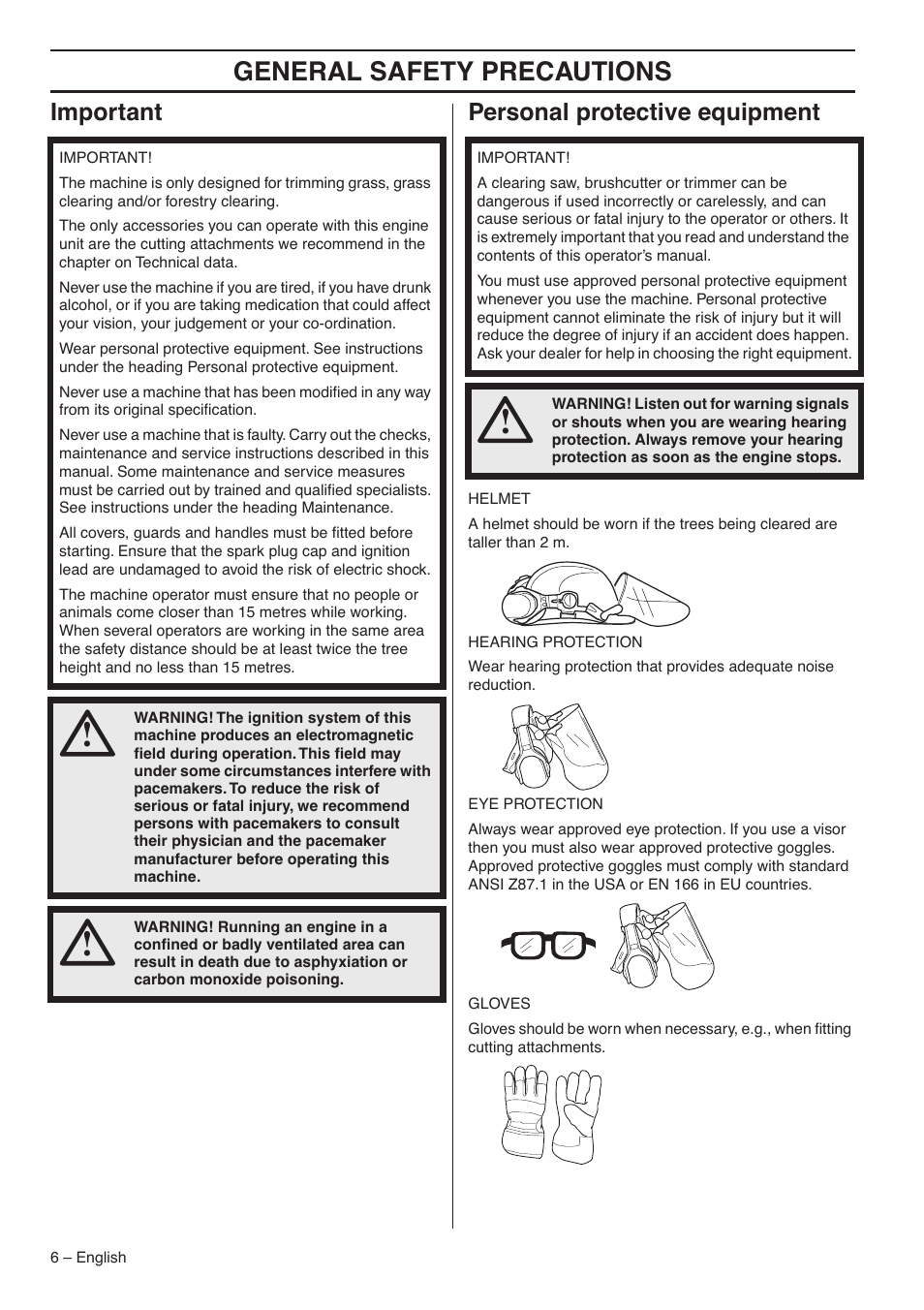 Important, Personal protective equipment, General safety preca utions | Impor tant personal protective equipment | Jonsered CC2036 User Manual | Page 6 / 44