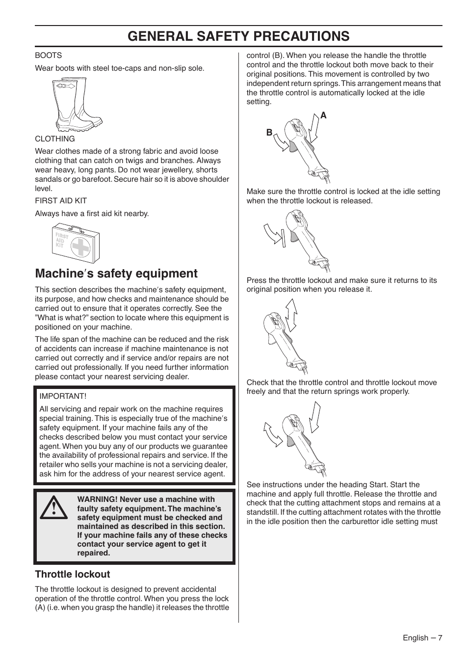 Machine¢s safety equipment, Throttle lockout, General safety preca utions | Mac hine ′ s safety equipment | Jonsered CC2036 User Manual | Page 7 / 44