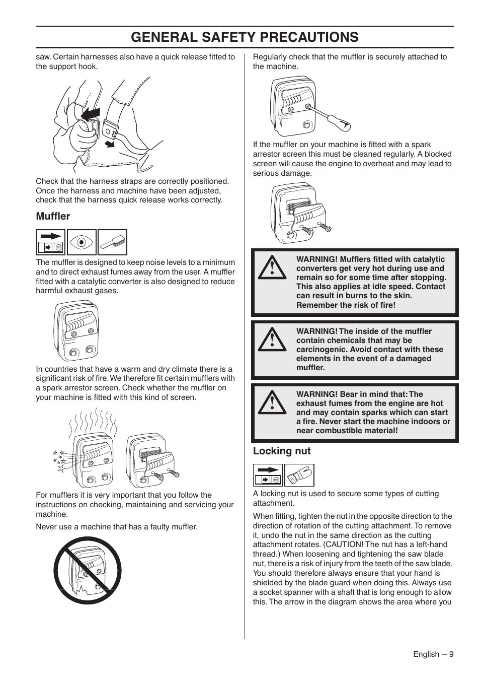 Muffler, Locking nut, General safety precautions | Jonsered CC2036 User Manual | Page 9 / 44