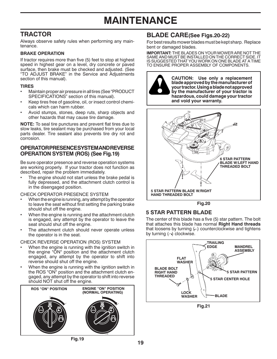 Maintenance, Blade care, Tractor | 5 star pattern blade, See figs.20-22) | Jonsered LT2220 CMA2 User Manual | Page 19 / 32