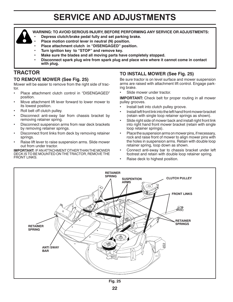 Service and adjustments, Tractor | Jonsered LT2220 CMA2 User Manual | Page 22 / 32