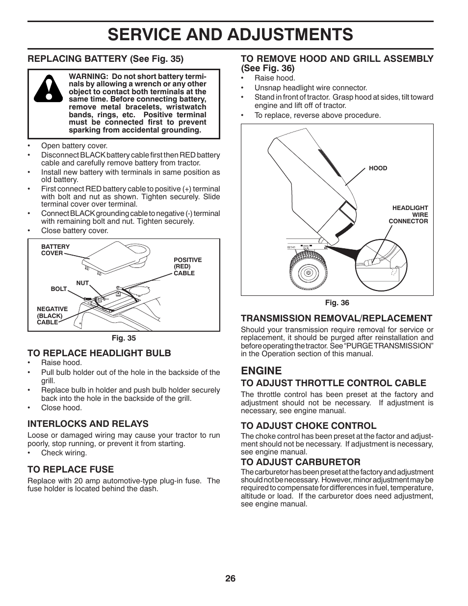 Service and adjustments, Engine | Jonsered LT2220 CMA2 User Manual | Page 26 / 32