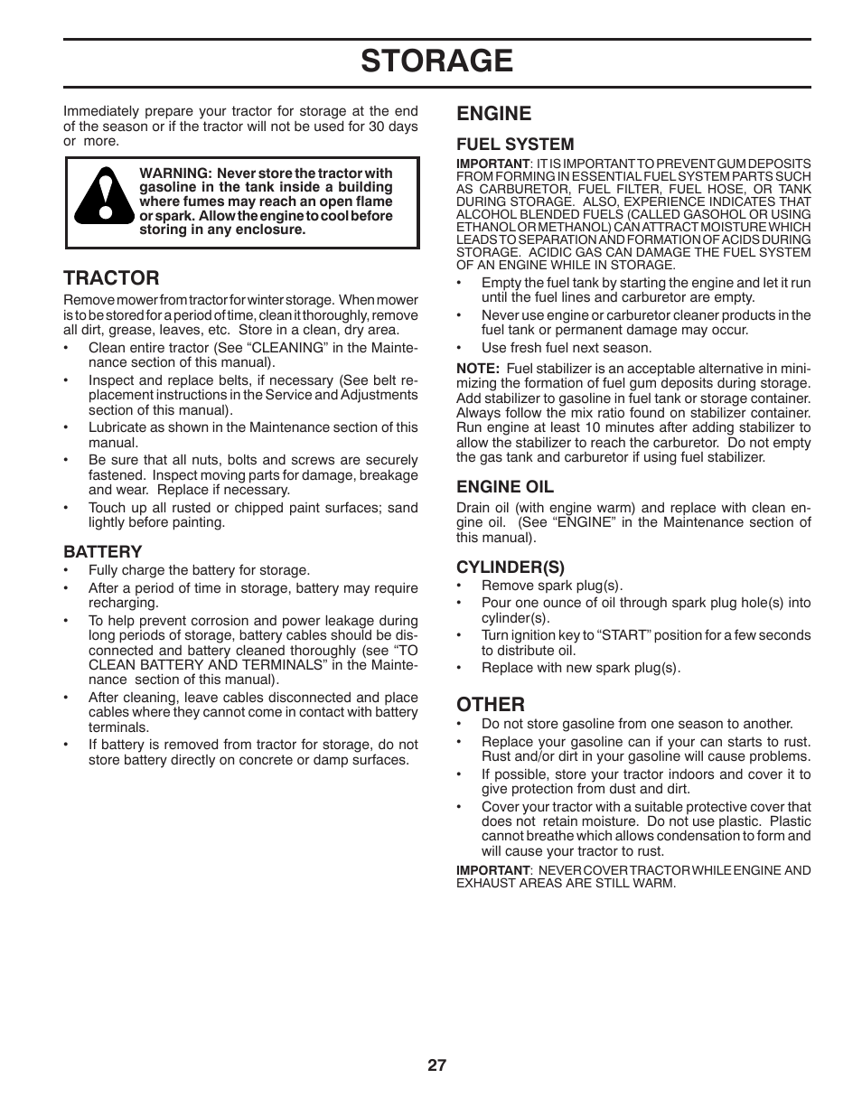 Storage, Tractor, Engine | Other | Jonsered LT2220 CMA2 User Manual | Page 27 / 32