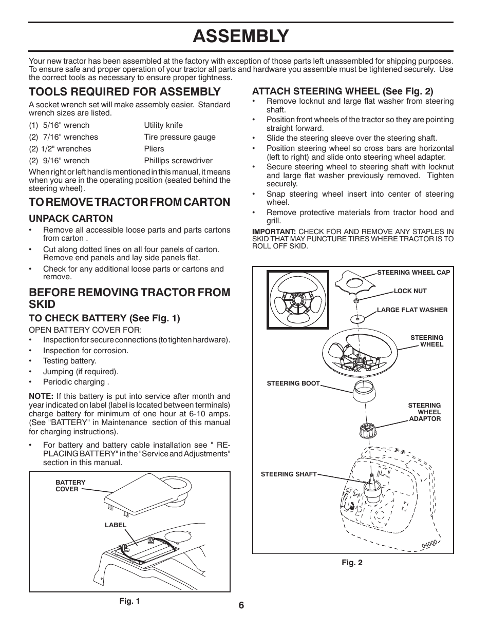 Assembly, Tools required for assembly, Before removing tractor from skid | Jonsered LT2220 CMA2 User Manual | Page 6 / 32