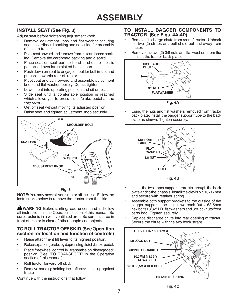 Assembly, Install seat (see fig. 3) | Jonsered LT2220 CMA2 User Manual | Page 7 / 32