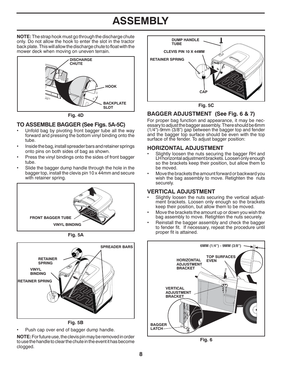 Assembly, Bagger adjustment (see fig. 6 & 7), Horizontal adjustment | Vertical adjustment | Jonsered LT2220 CMA2 User Manual | Page 8 / 32