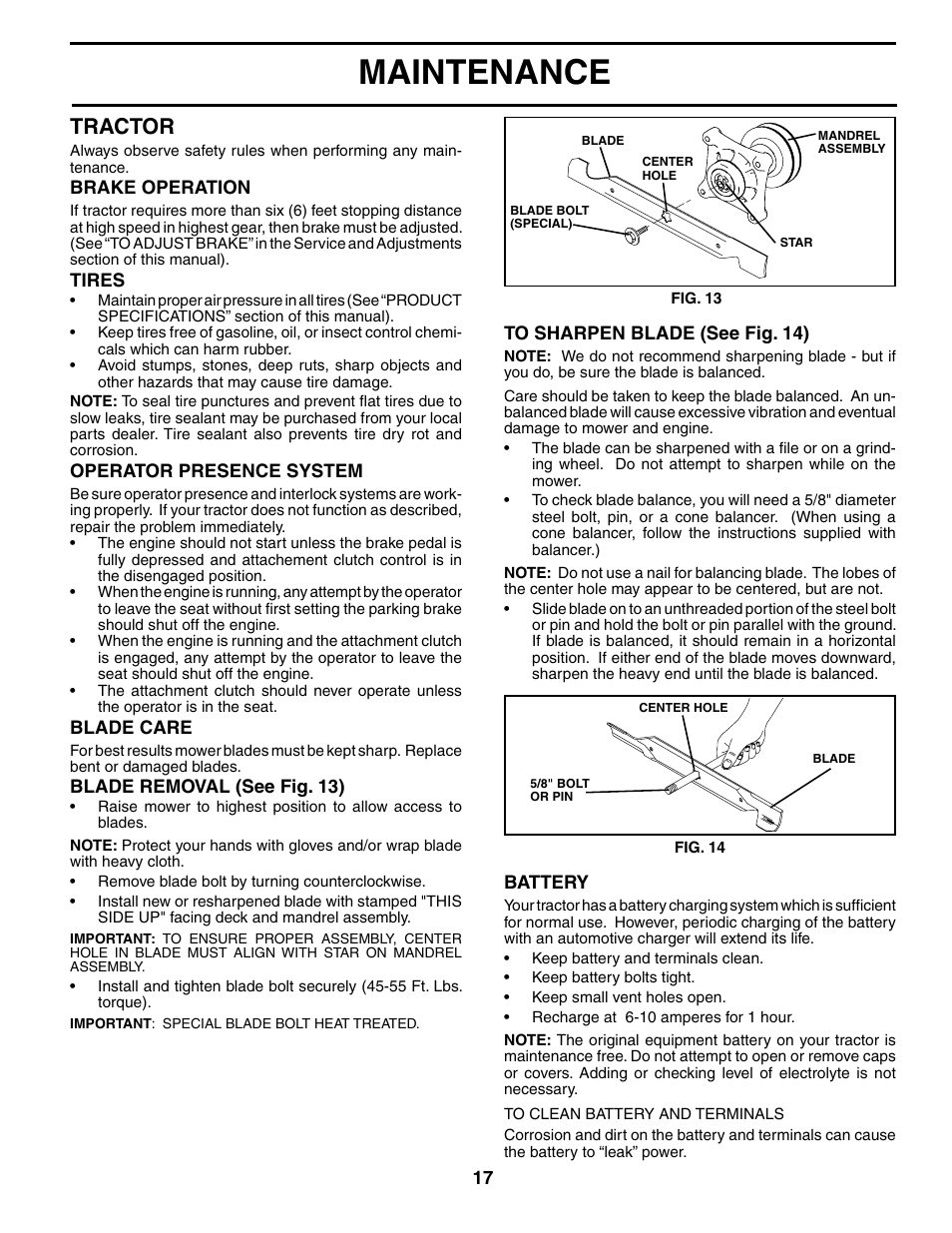 Maintenance, Tractor | Jonsered LT2119A User Manual | Page 17 / 48