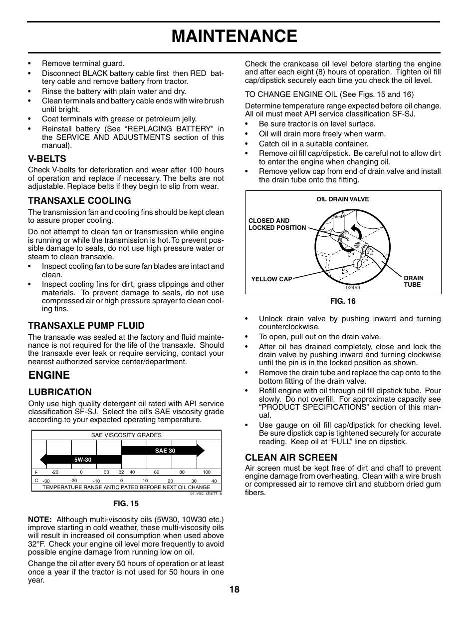 Maintenance, Engine, Clean air screen | Transaxle cooling, Transaxle pump fluid, V-belts, Lubrication | Jonsered LT2119A User Manual | Page 18 / 48