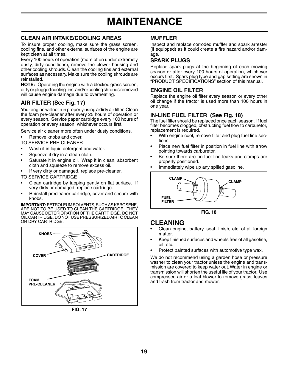 Maintenance, Cleaning | Jonsered LT2119A User Manual | Page 19 / 48