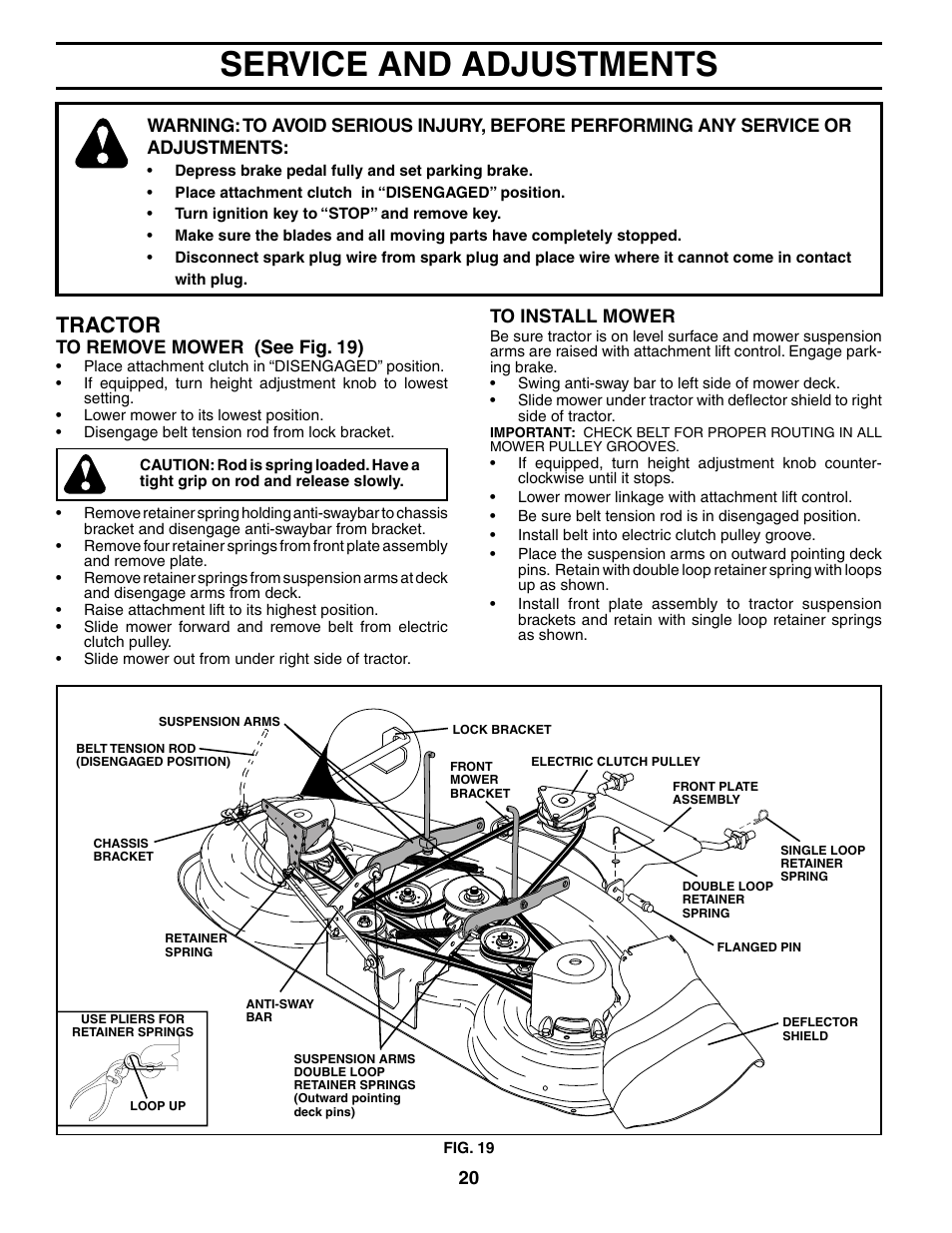 Service and adjustments, Tractor | Jonsered LT2119A User Manual | Page 20 / 48