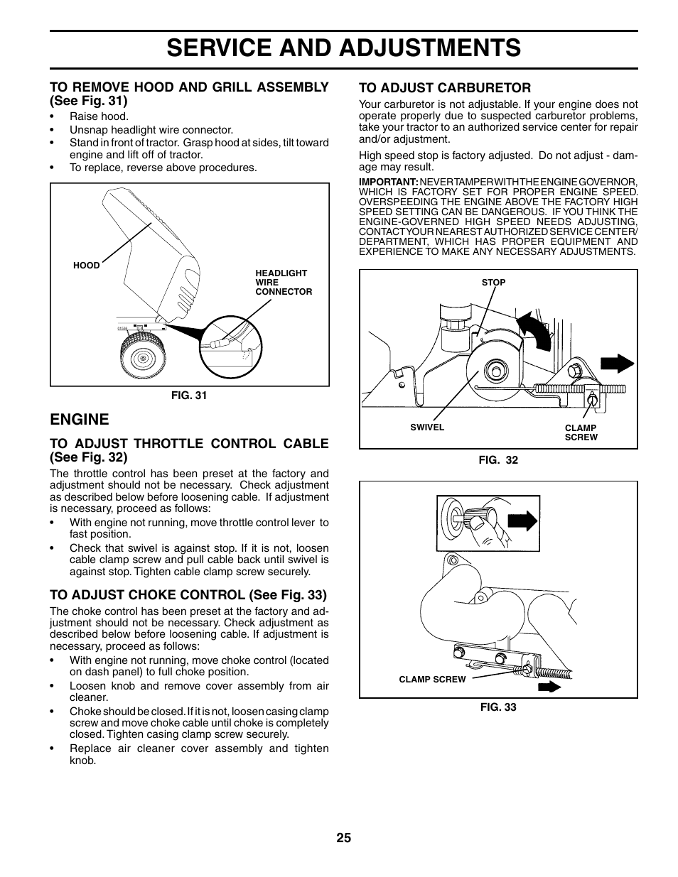 Service and adjustments, Engine | Jonsered LT2119A User Manual | Page 25 / 48