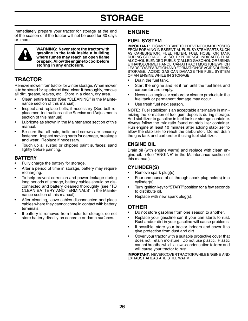 Storage, Tractor, Engine | Other | Jonsered LT2119A User Manual | Page 26 / 48