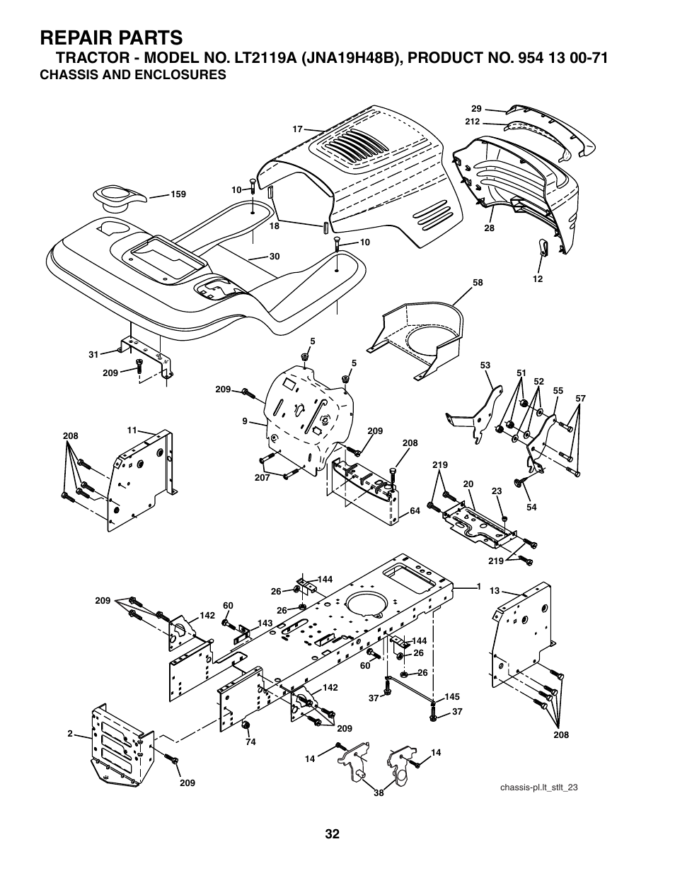 Chassis and enclosures, Repair parts | Jonsered LT2119A User Manual | Page 32 / 48