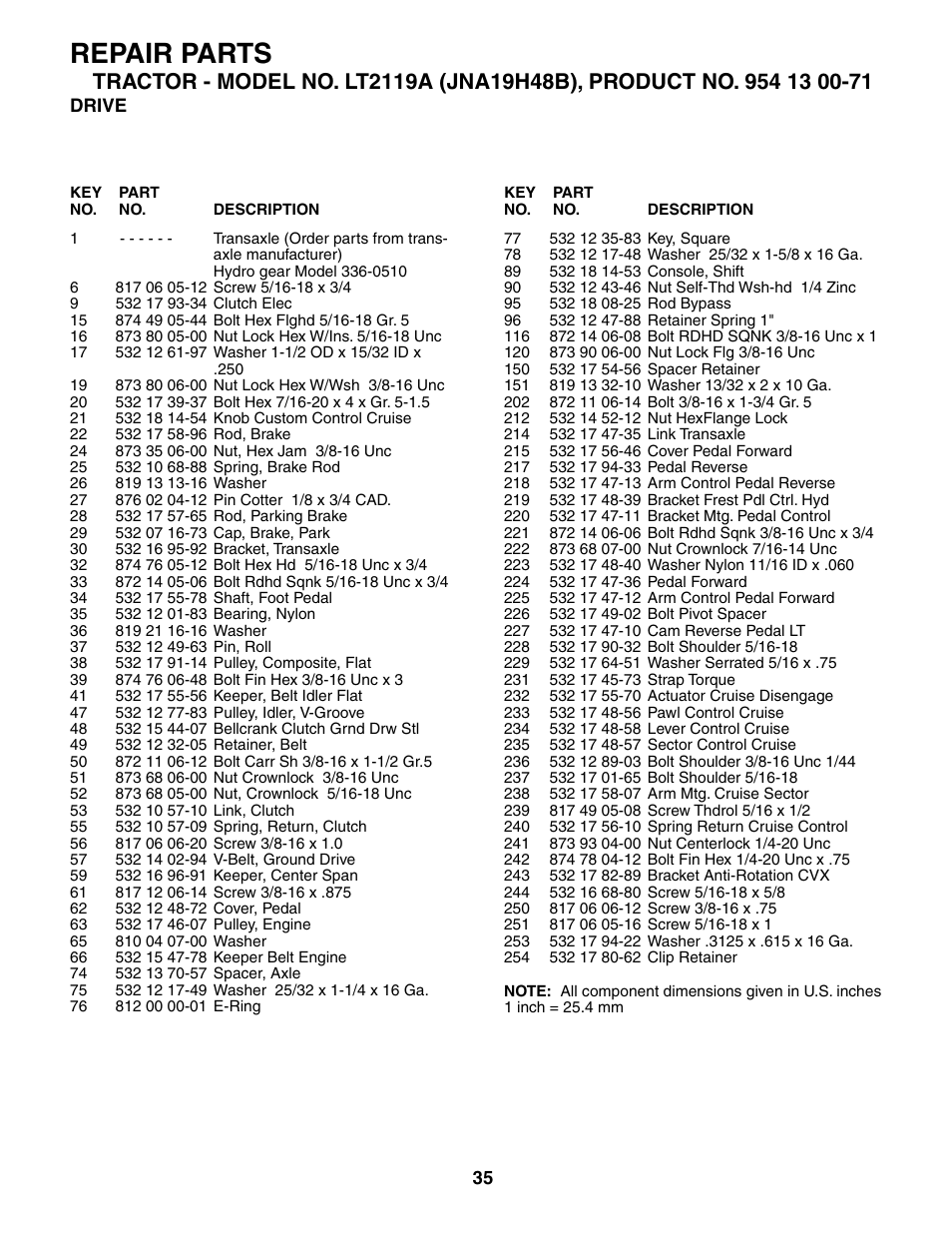 Repair parts | Jonsered LT2119A User Manual | Page 35 / 48
