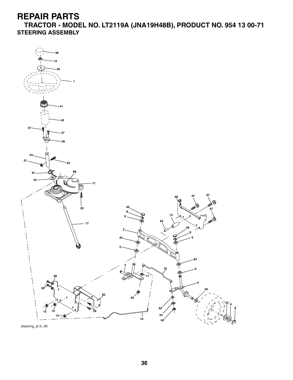 Steering assembly, Repair parts | Jonsered LT2119A User Manual | Page 36 / 48