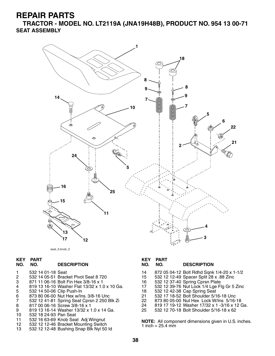 Seat assembly, Repair parts | Jonsered LT2119A User Manual | Page 38 / 48