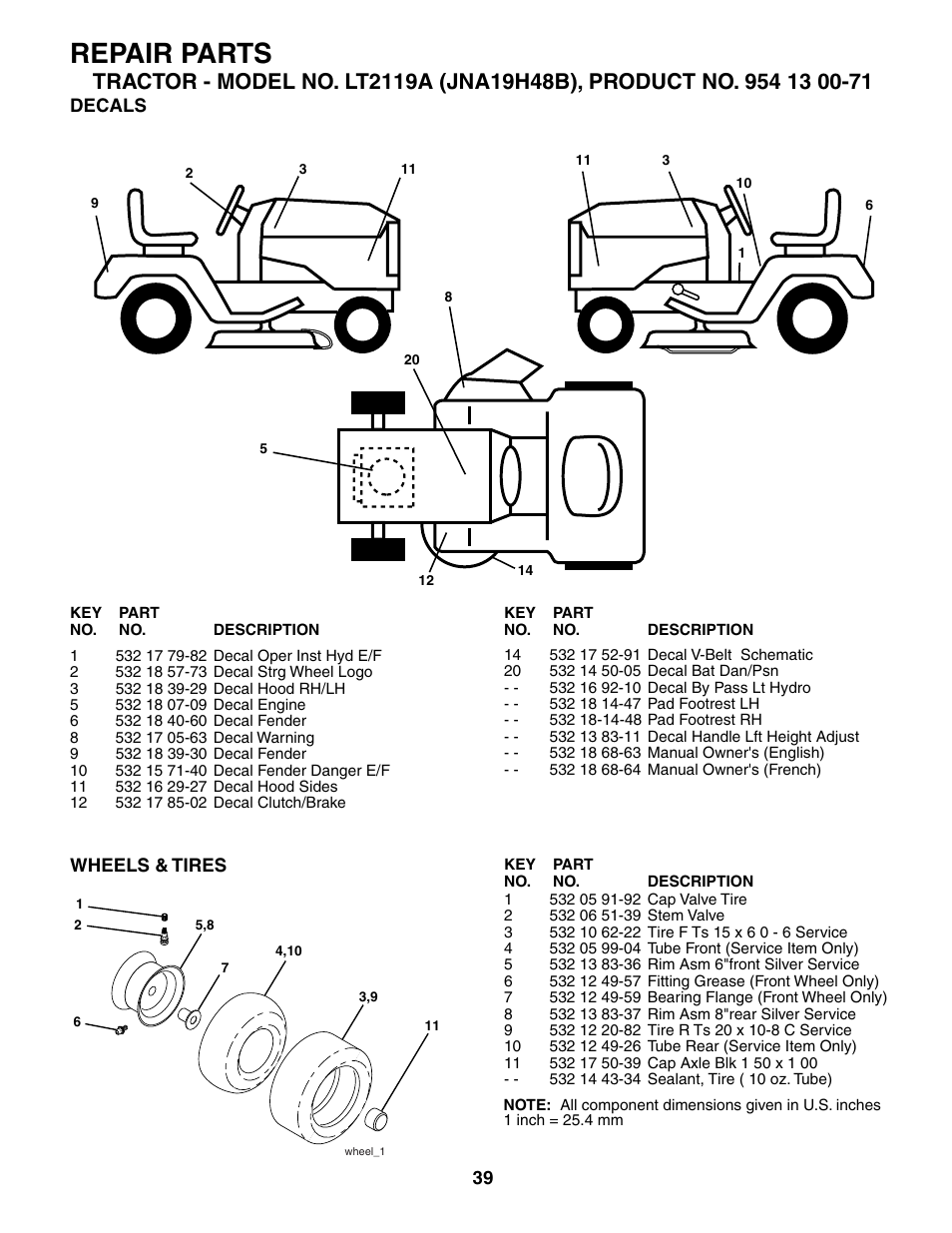 Decals, Wheels & tires, Repair parts | Jonsered LT2119A User Manual | Page 39 / 48