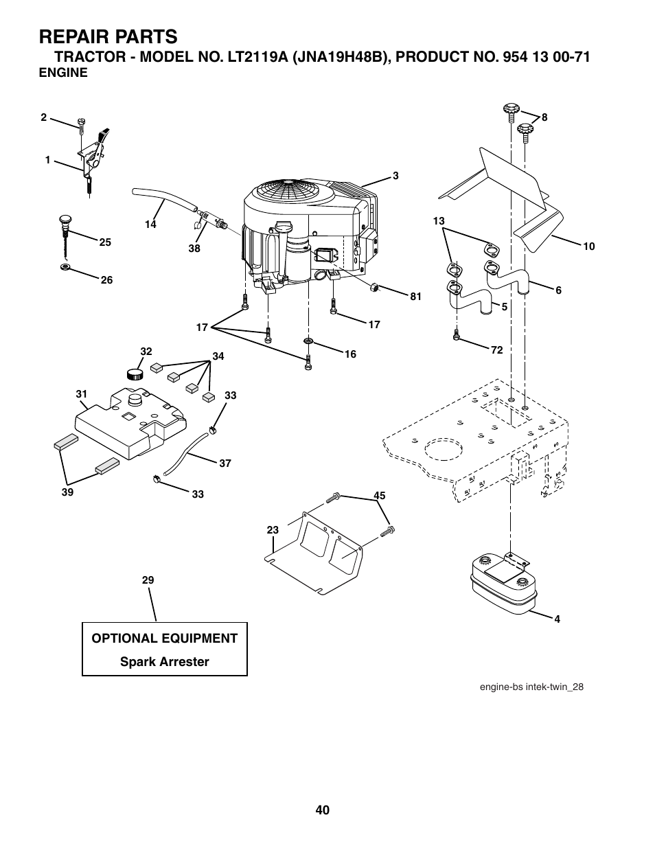 Engine, Repair parts | Jonsered LT2119A User Manual | Page 40 / 48