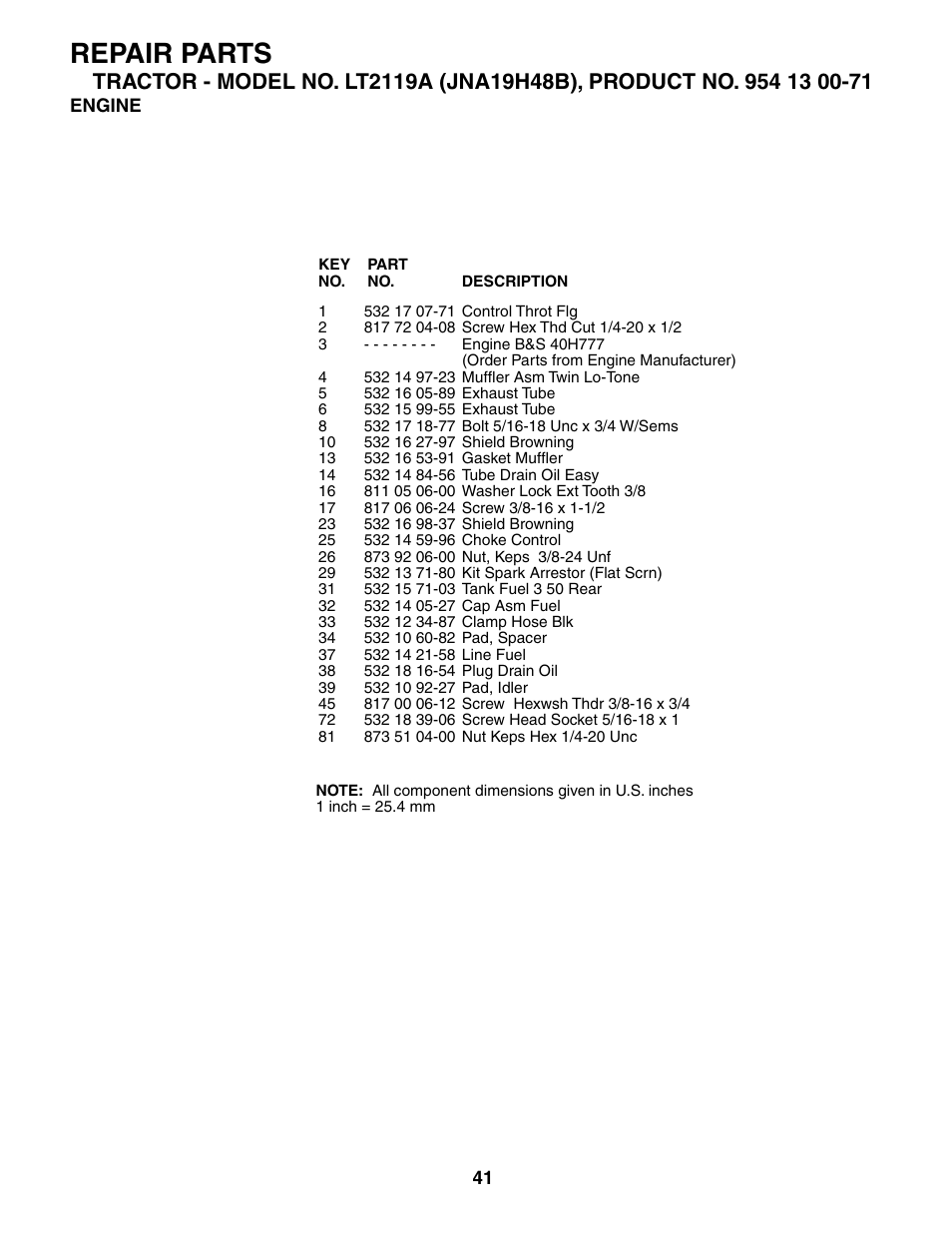 Repair parts | Jonsered LT2119A User Manual | Page 41 / 48