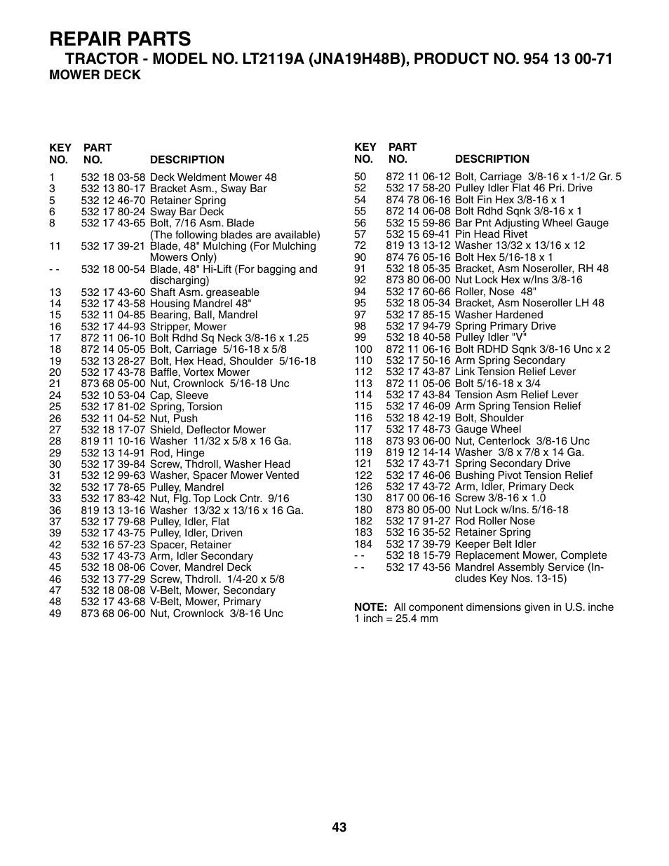 Repair parts | Jonsered LT2119A User Manual | Page 43 / 48