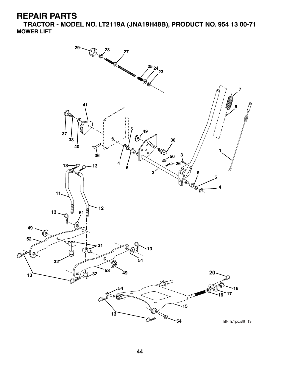 Mower lift, Repair parts | Jonsered LT2119A User Manual | Page 44 / 48