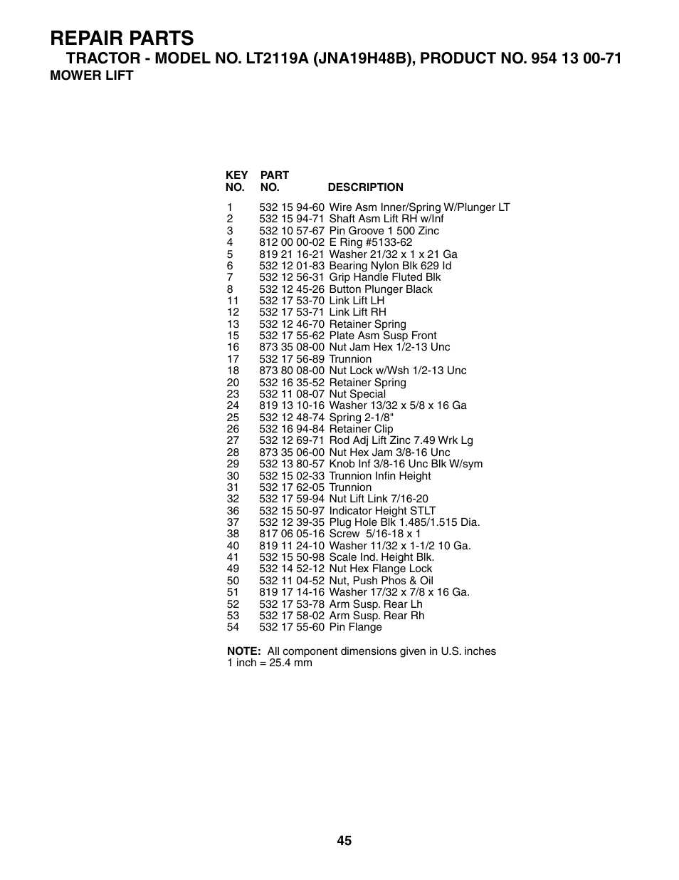 Repair parts | Jonsered LT2119A User Manual | Page 45 / 48