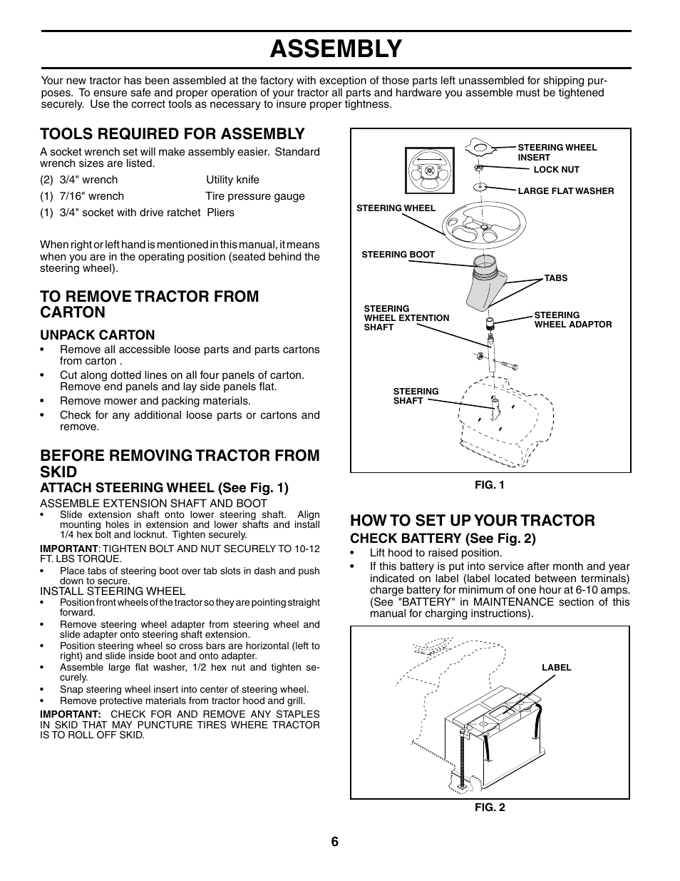 Assembly, How to set up your tractor, Tools required for assembly | Before removing tractor from skid | Jonsered LT2119A User Manual | Page 6 / 48