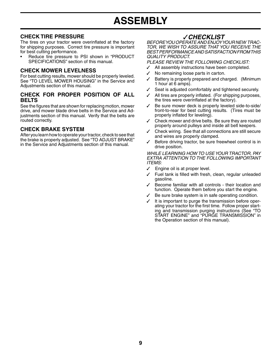 Assembly, Checklist | Jonsered LT2119A User Manual | Page 9 / 48