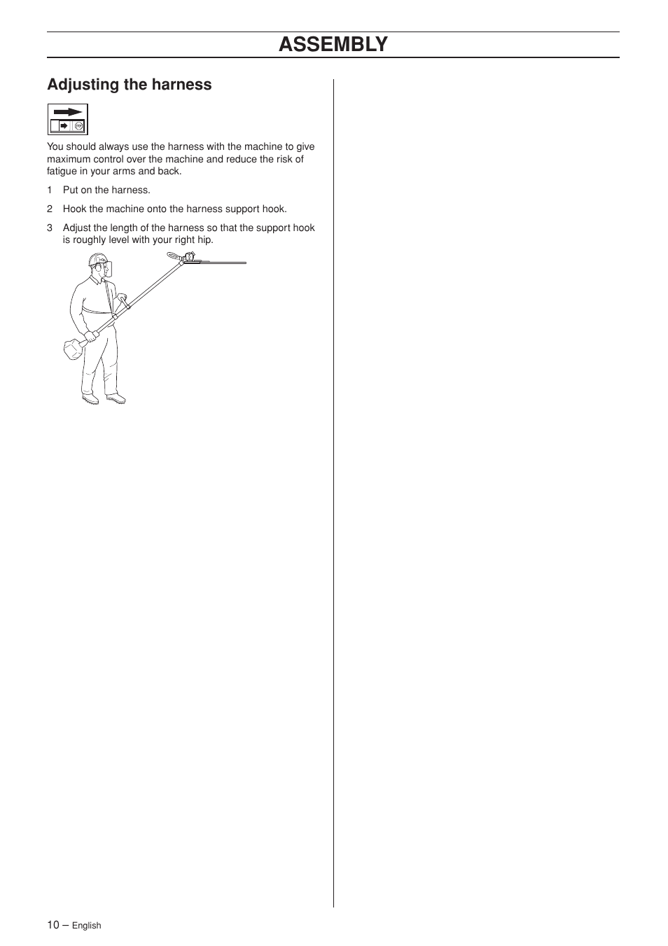 Adjusting the harness, Assembly | Jonsered HTE2123 User Manual | Page 10 / 24