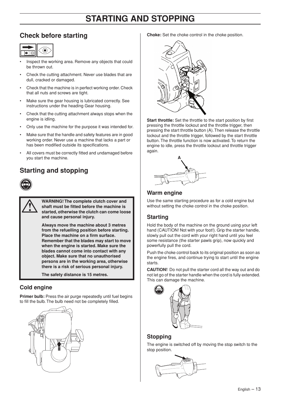 Check before starting, Starting and stopping, Cold engine | Warm engine, Starting, Stopping | Jonsered HTE2123 User Manual | Page 13 / 24