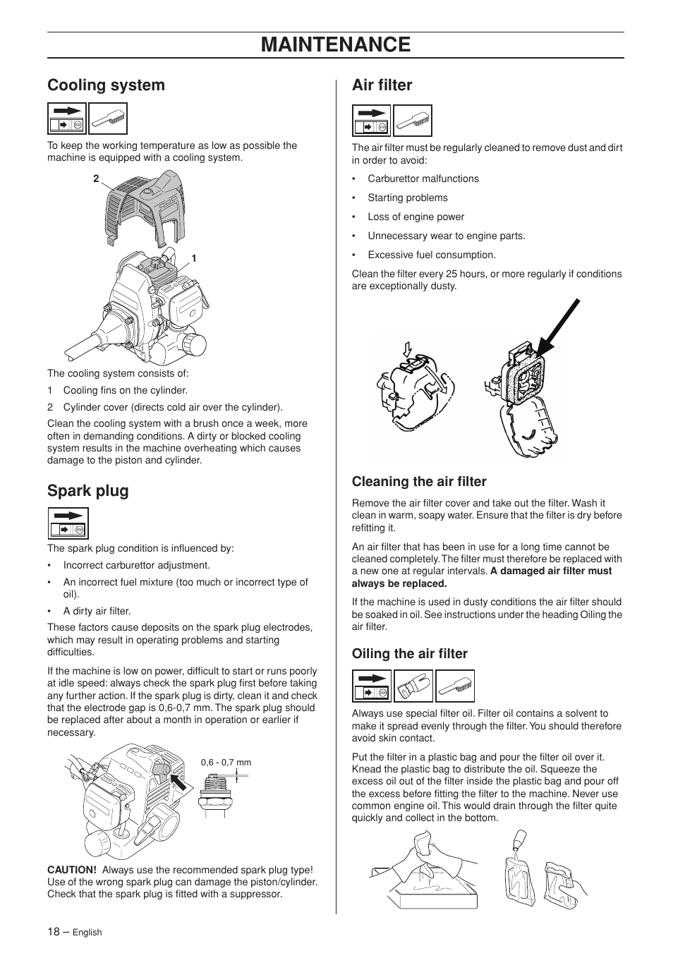 Cooling system, Spark plug, Air filter | Cleaning the air filter, Oiling the air filter, Maintenance | Jonsered HTE2123 User Manual | Page 18 / 24