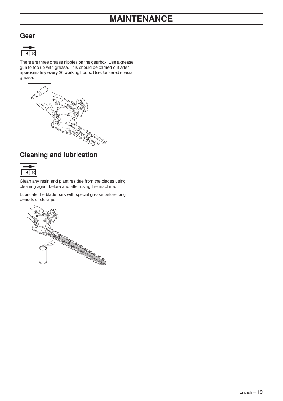 Gear, Cleaning and lubrication, Maintenance | Jonsered HTE2123 User Manual | Page 19 / 24
