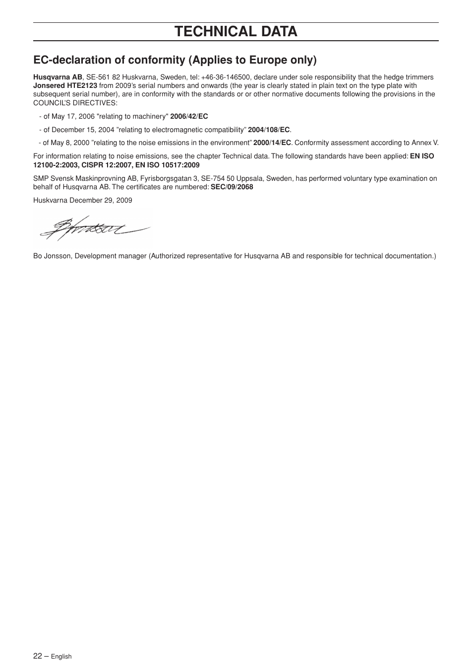 Technical data | Jonsered HTE2123 User Manual | Page 22 / 24